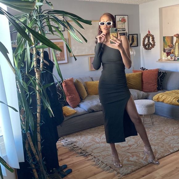 Zara Draped Asymmetrical Olive Green Dress - Picture 12 of 14